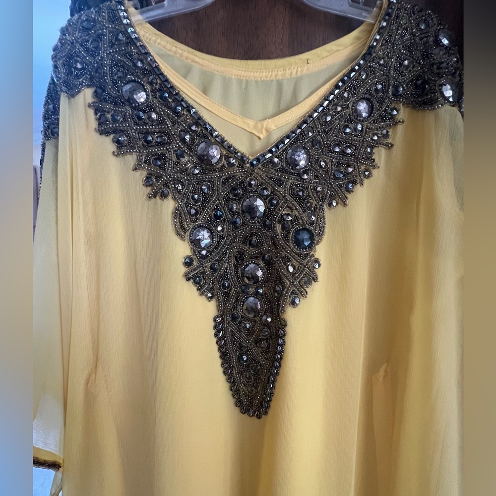 Butter Yellow Caftan with gunmetal beadwork